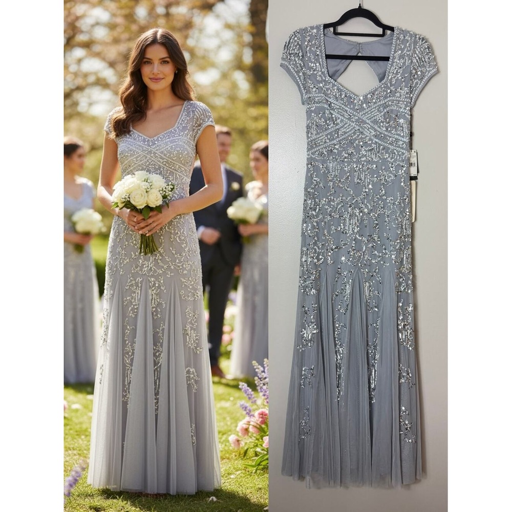 Adrianna Papell Dress 2 Silver Sequin Beaded Mother of the Bride Wedding Formal